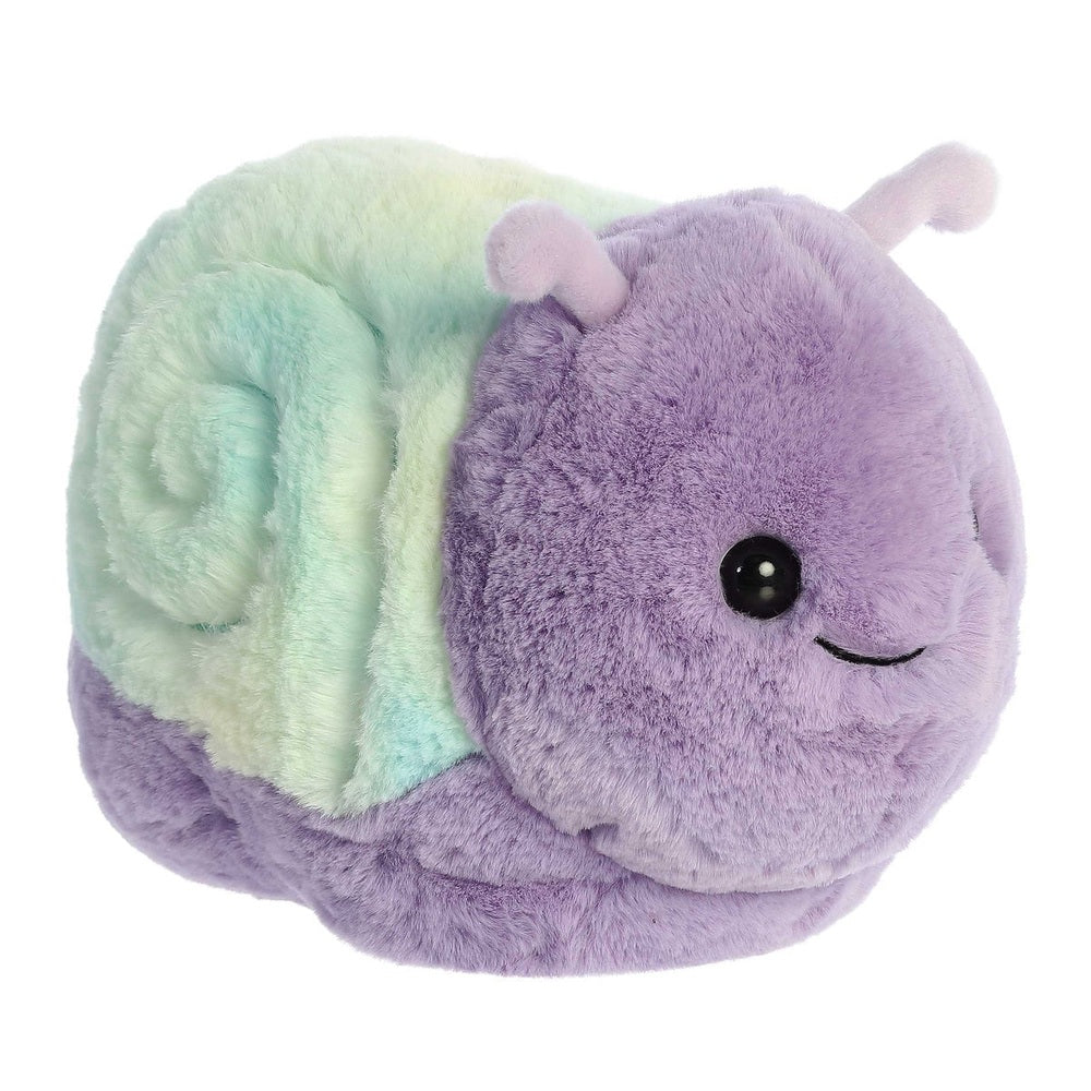 Aurora Spudsters Emily Snail plush, 10in, lavender body with mint-green shell, smiling and ready for hugs.