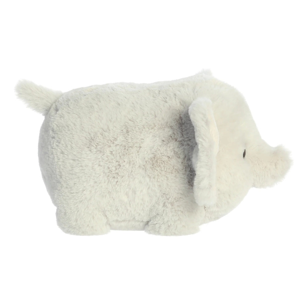 Aurora Spudsters Eri Elephant 10" plush toy in soft white fur, side view with floppy ears and raised trunk.