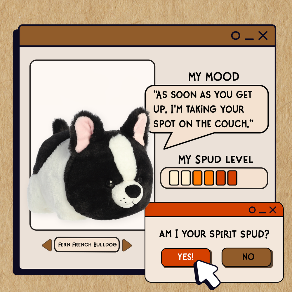 Aurora Spudsters Fern French Bulldog 10" plush shown on a playful UI panel with speech bubbles.