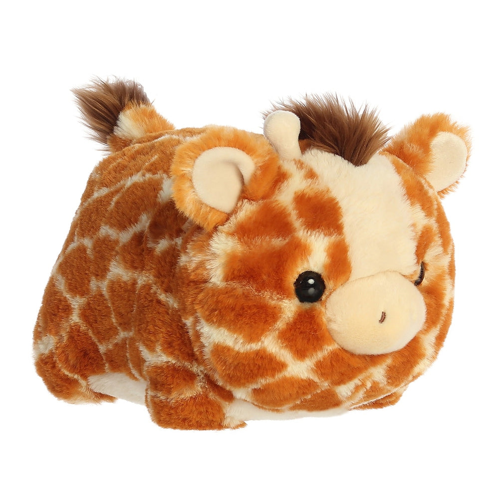 Aurora Spudsters Gerald Giraffe 10 plush toy, soft orange spotted giraffe, resting on its tummy with cute face.