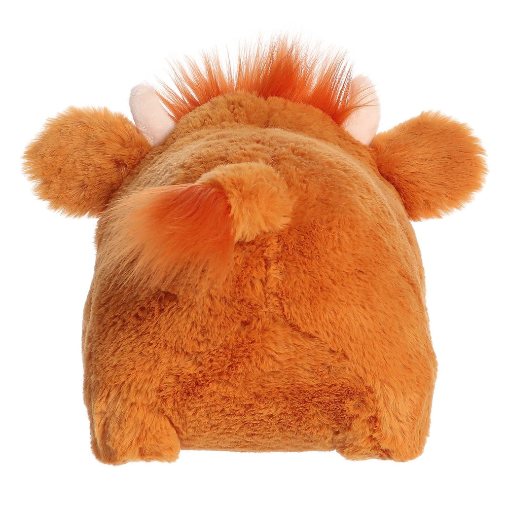 Aurora Spudsters Hamish Highland Cow 10-inch plush toy, orange fluffy stuffed animal shown from back.