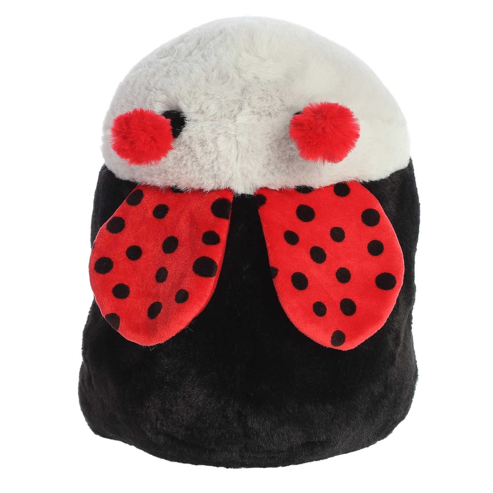 Aurora Spudsters Lori Ladybug 10" plush toy standing upright, black body with fluffy gray head and red polka-dotted wings.