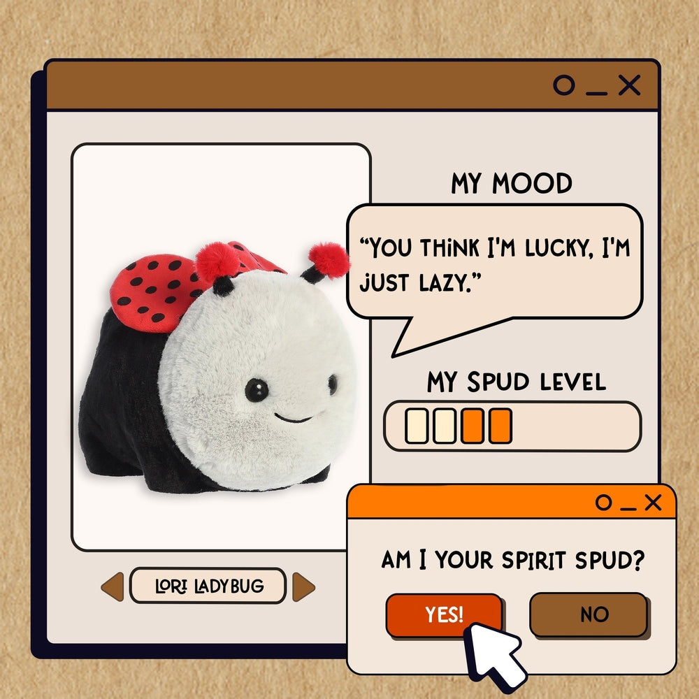 Aurora Spudsters Lori Ladybug 10" plush toy, soft black/white body with red spots, shown in a playful comic UI.