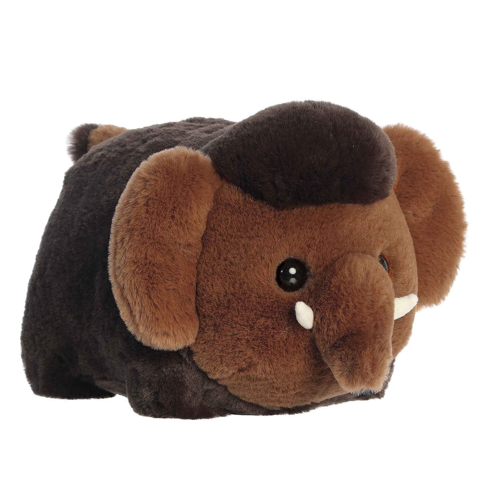 Aurora Spudsters Mumford Wooly Mammoth 10-inch plush toy, brown and tan, lying on its side.