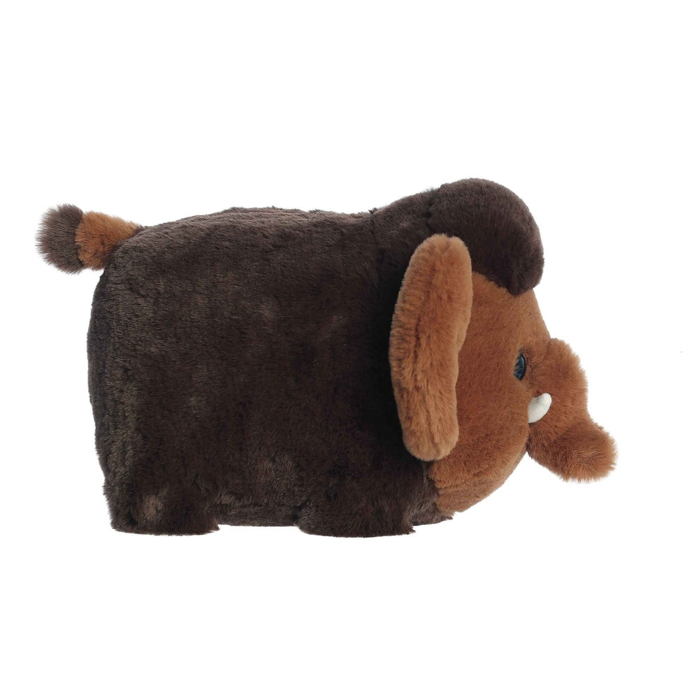 Aurora Spudsters Mumford Wooly Mammoth plush, brown/tan, 10" lying on its side with trunk extended.