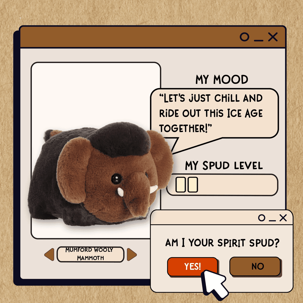 Aurora Spudsters Mumford Wooly Mammoth 10" plush resting beside playful comic panels and speech bubbles.
