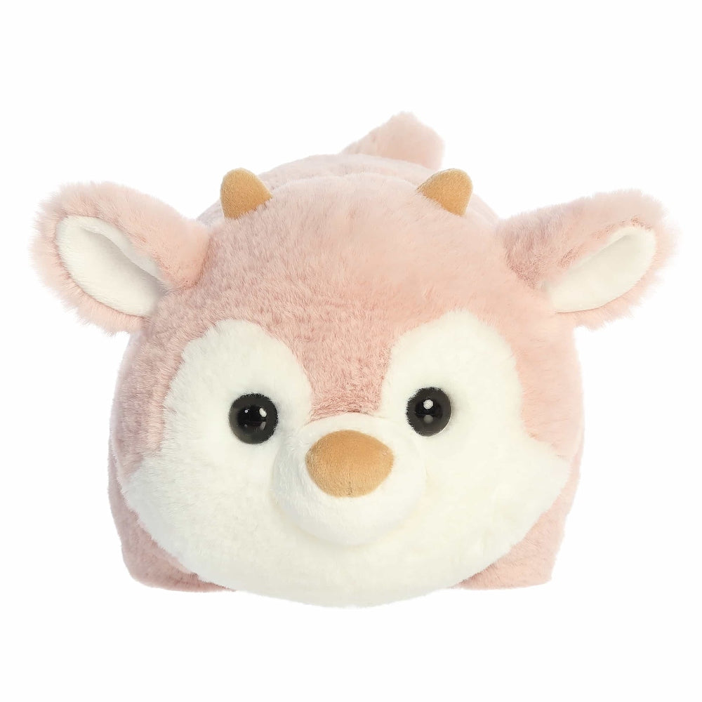 Aurora Spudsters Pinkee Reindeer 10" plush toy in soft pink with white muzzle and orange horns, perfect for cuddling.