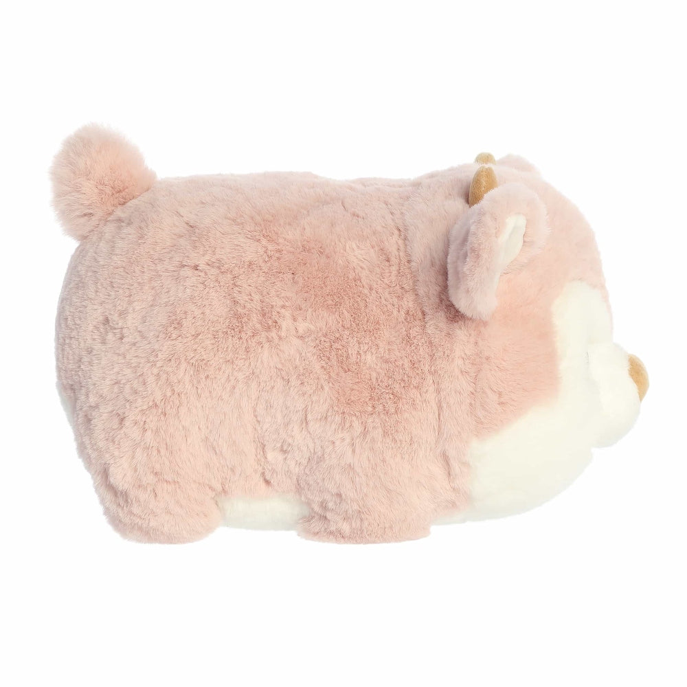 Aurora Spudsters Pinkee Reindeer 10" plush toy with soft pink fur and white belly, resting pose.