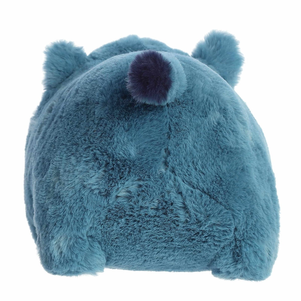 Aurora Spudsters Rio Rhino 10" plush toy in teal blue, featuring ultra-soft fur and a compact squishy round body.