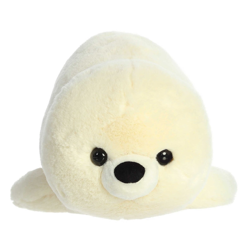 Aurora Spudsters Stella Seal 10" plush, cream-colored seal with black eyes and nose, lying down.