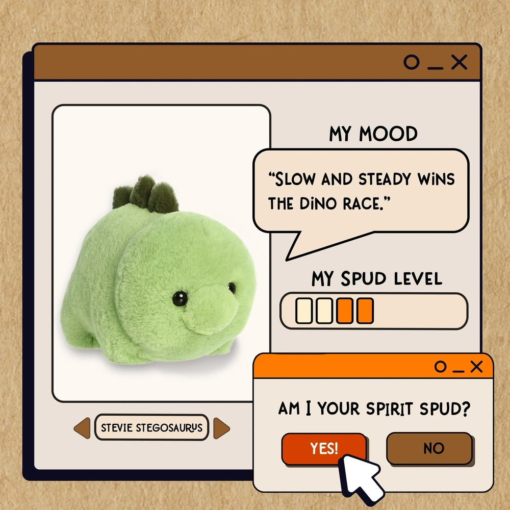 Aurora Stevie Stegosaurus 10" plush toy, bright green soft fabric with black eyes, shown in a catalog-style display frame.