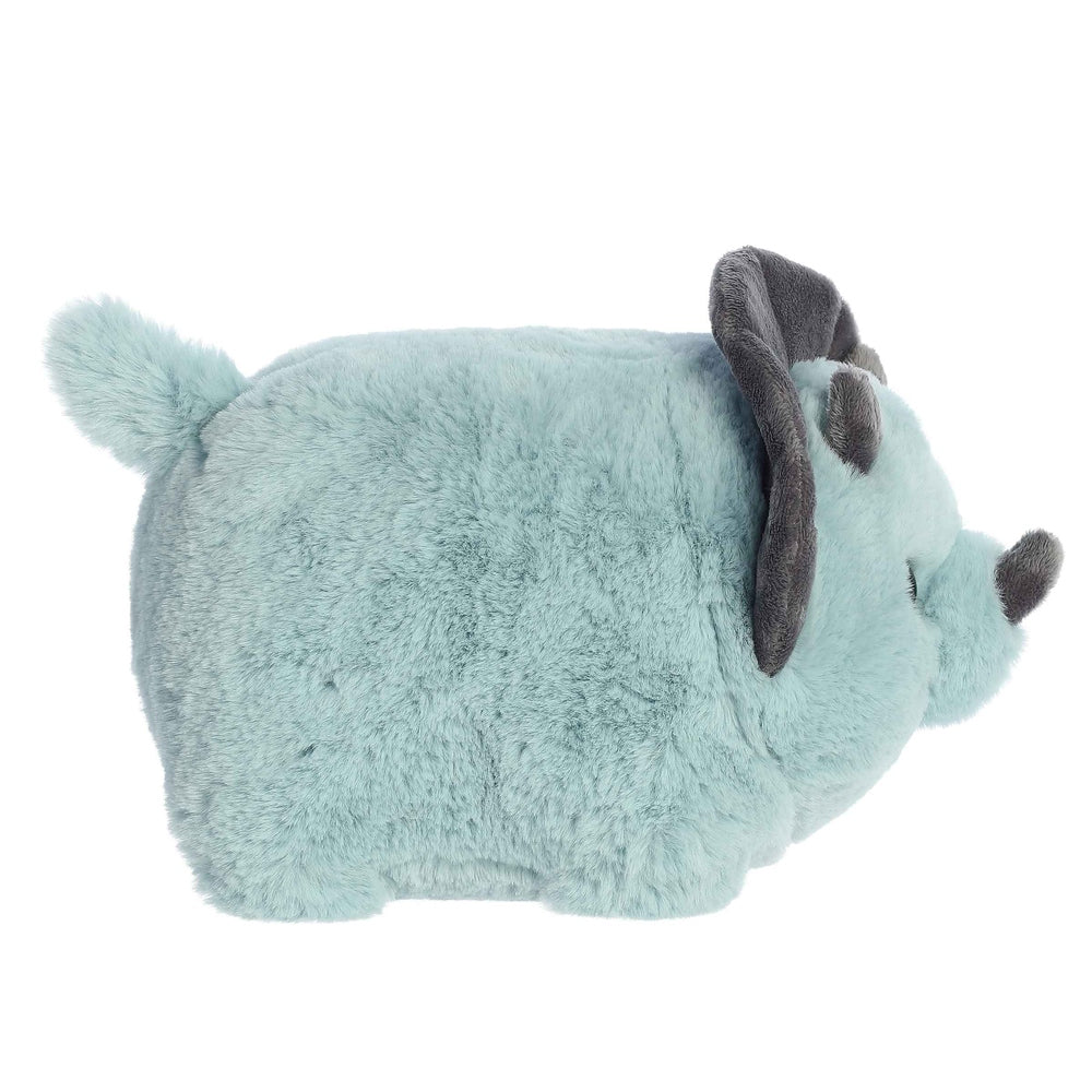 Aurora Spudsters Taren Triceratops 10" plush toy lying on its side in soft blue fur with gray horns, perfect for cuddling.