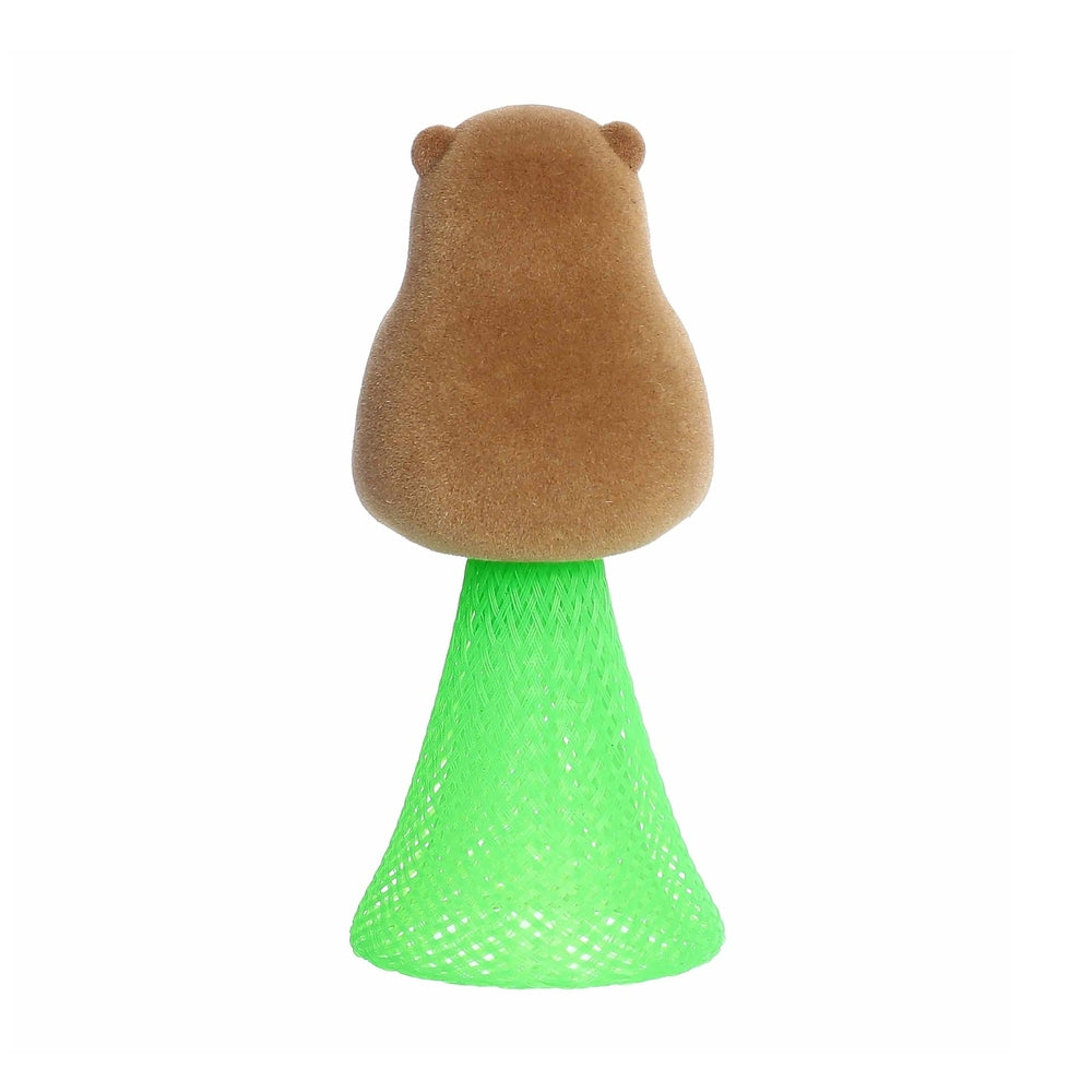Aurora Toys Capybara Poppers 4" plush perched on a neon green mesh stand, ready for play.