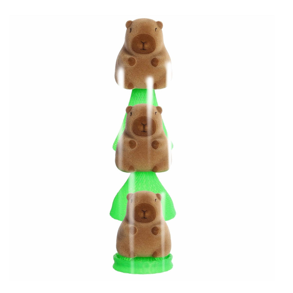 Aurora Capybara Poppers 4" plush stack of three brown capybaras on a bright neon green stand, playful stacking design