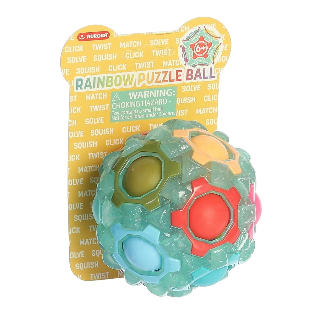 Aurora Toys Rainbow Puzzle Ball plush; teal interlocking sphere with colorful twistable panels showing multiple colors.