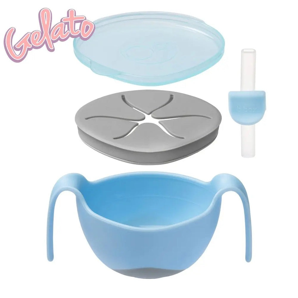 B.Box Bowl & Straw New Edition blue feeding set with lid, gray insert, and straw, ready for easy mealtime.