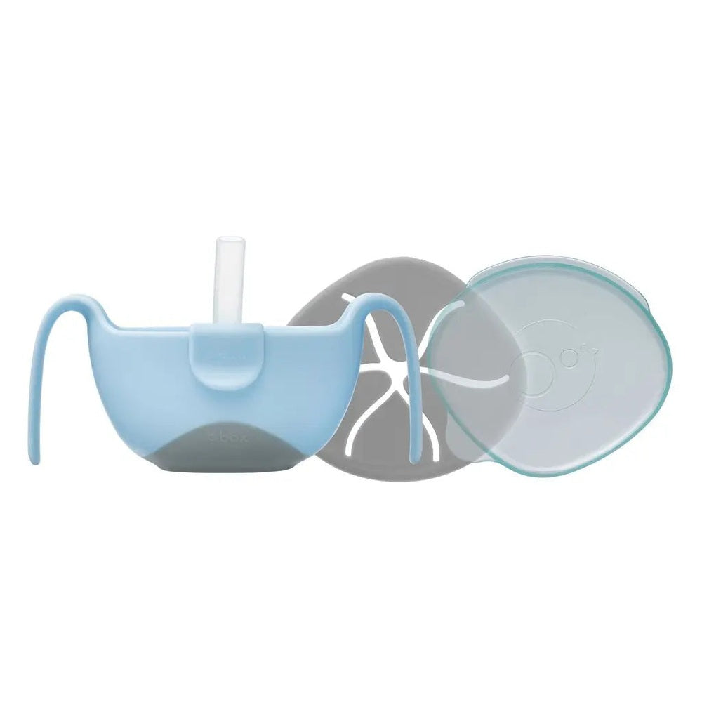 B.Box Bowl & Straw New Edition in blue, featuring a removable straw and lid shown with the bowl ready for mealtime