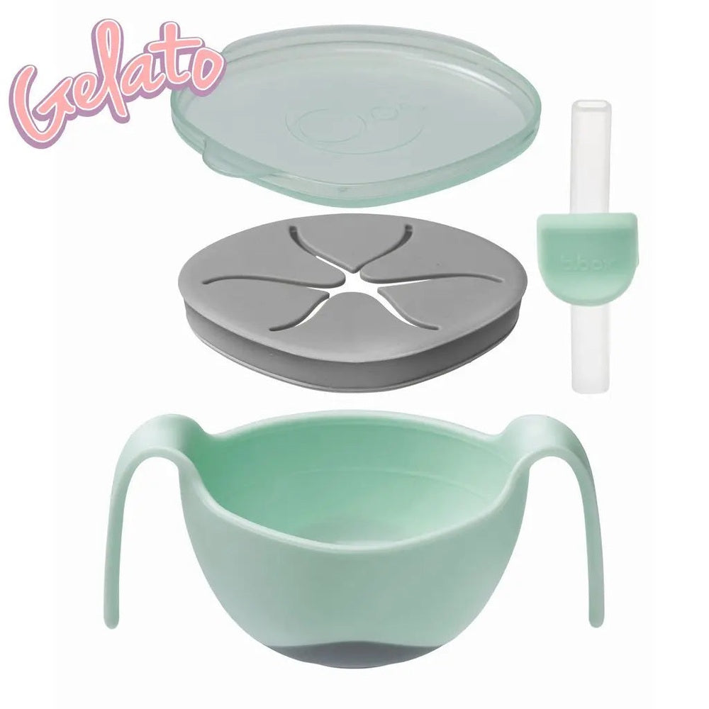 B.Box Bowl & Straw New Edition in mint green, with lid on, grey insert, and straw for mess-free feeding.