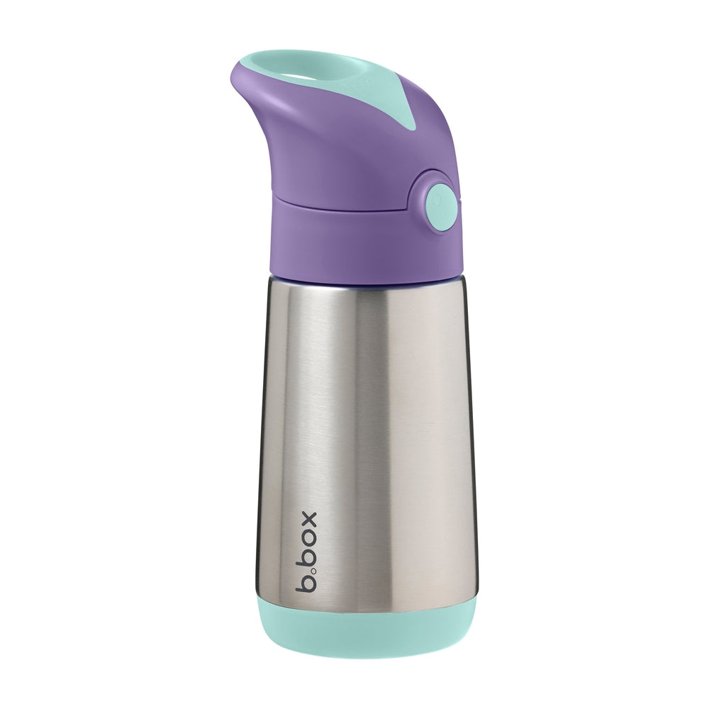 B.Box insulated bottle; stainless steel body with purple cap and turquoise accents
