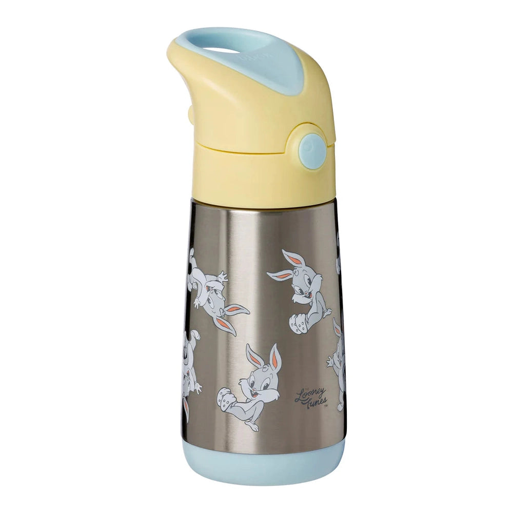 B.Box Insulated Bottle 350 ml stainless steel with pastel yellow lid and blue spout, Looney Tunes rabbits design; easy-to-carry with handle.