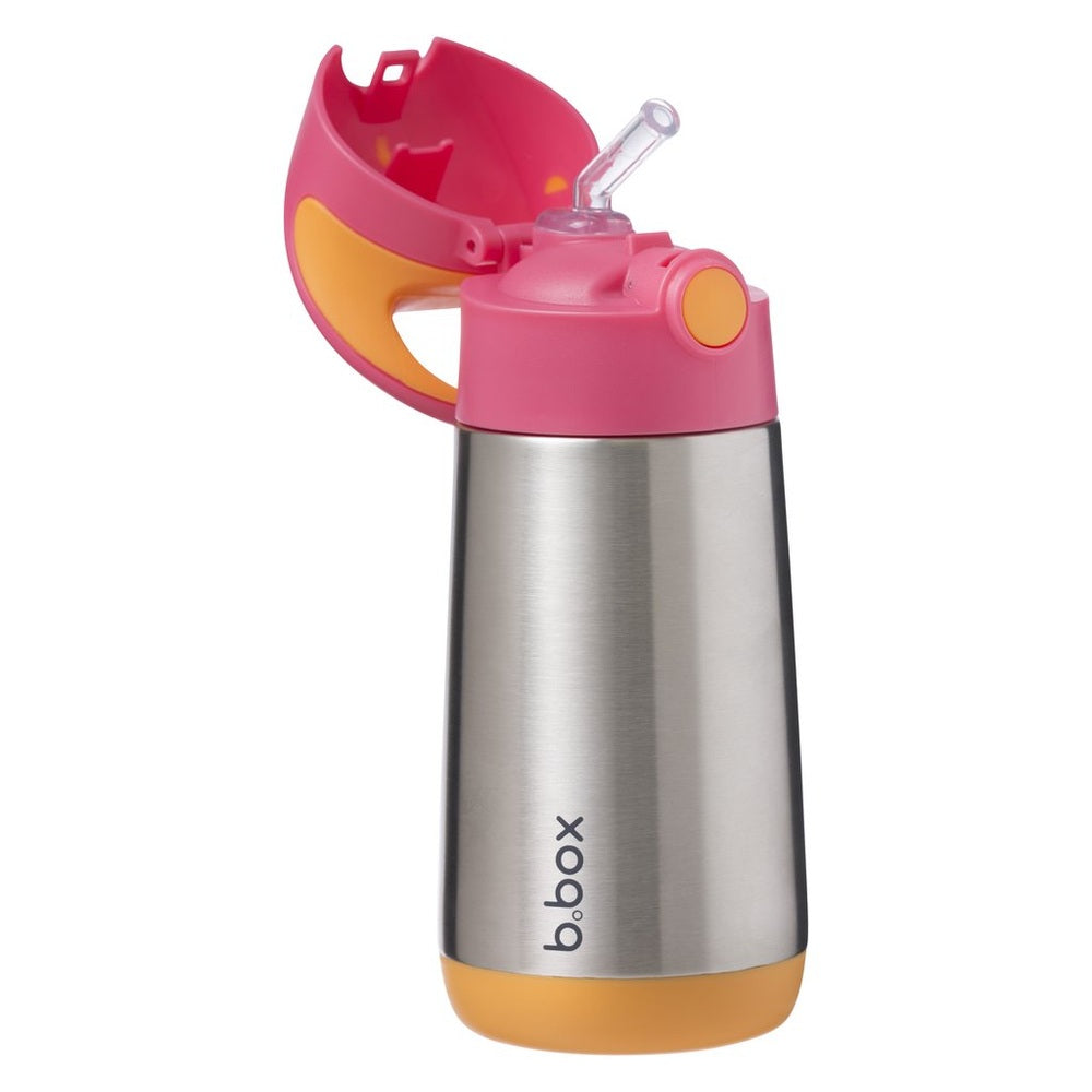 B.Box insulated bottle with stainless steel body and pink/orange flip-top lid for kids