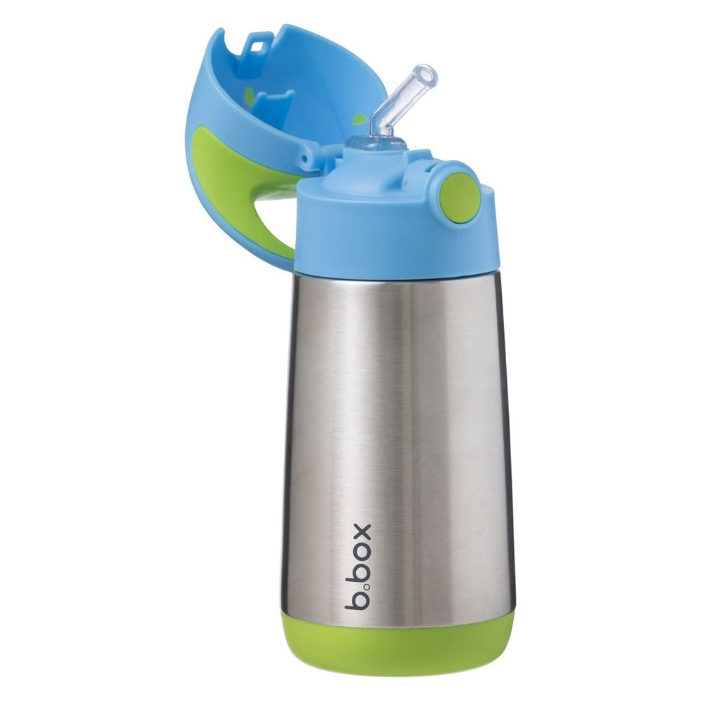 B.Box Insulated Bottle stainless steel bottle with blue lid and lime-green accents, spill-proof spout