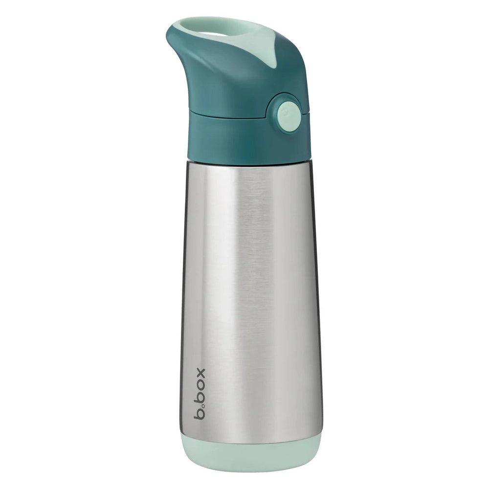 B.Box Insulated Drink Bottle 500 ml in brushed steel with teal cap and mint base, ready for travel