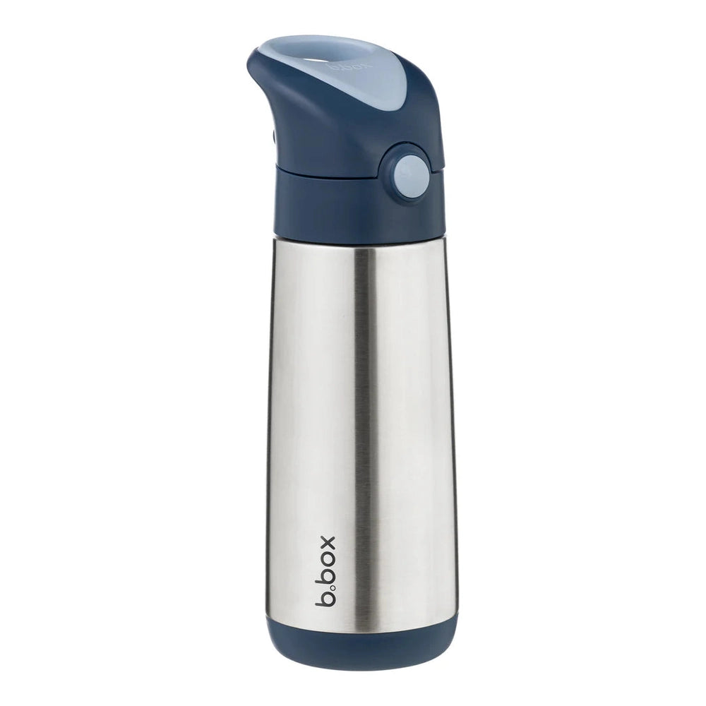 B.Box Insulated Drink Bottle 500 ml, stainless steel with blue flip-top cap, standing upright.