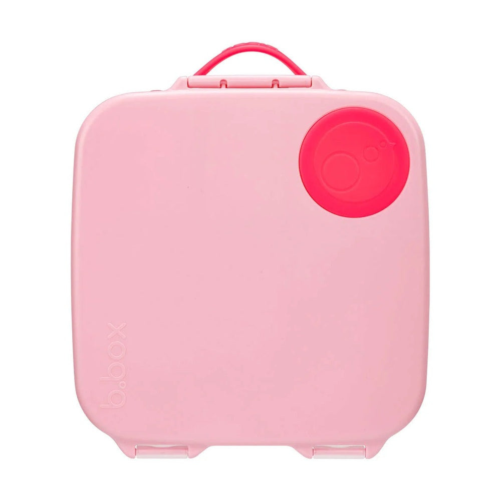 B.Box Lunchbox pink square container with a red circular lid on the side, embossed B.BOX.