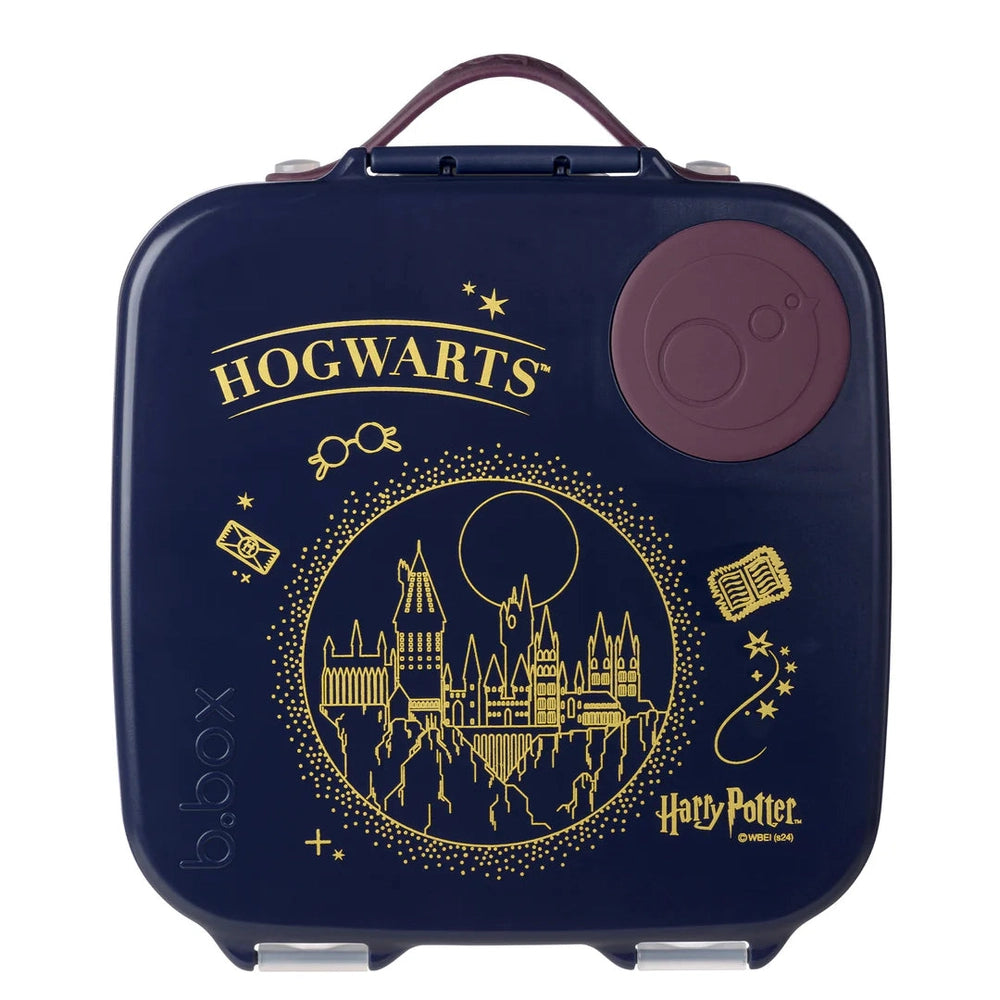 B.Box Lunchbox in navy with gold Hogwarts design, round lid detail, and sturdy top handle for kids.