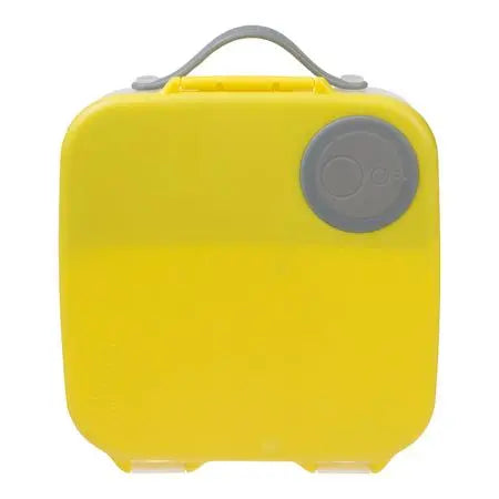 B.Box Lunchbox in bright yellow with gray lid knob and top carry handle, shown ready to tote.
