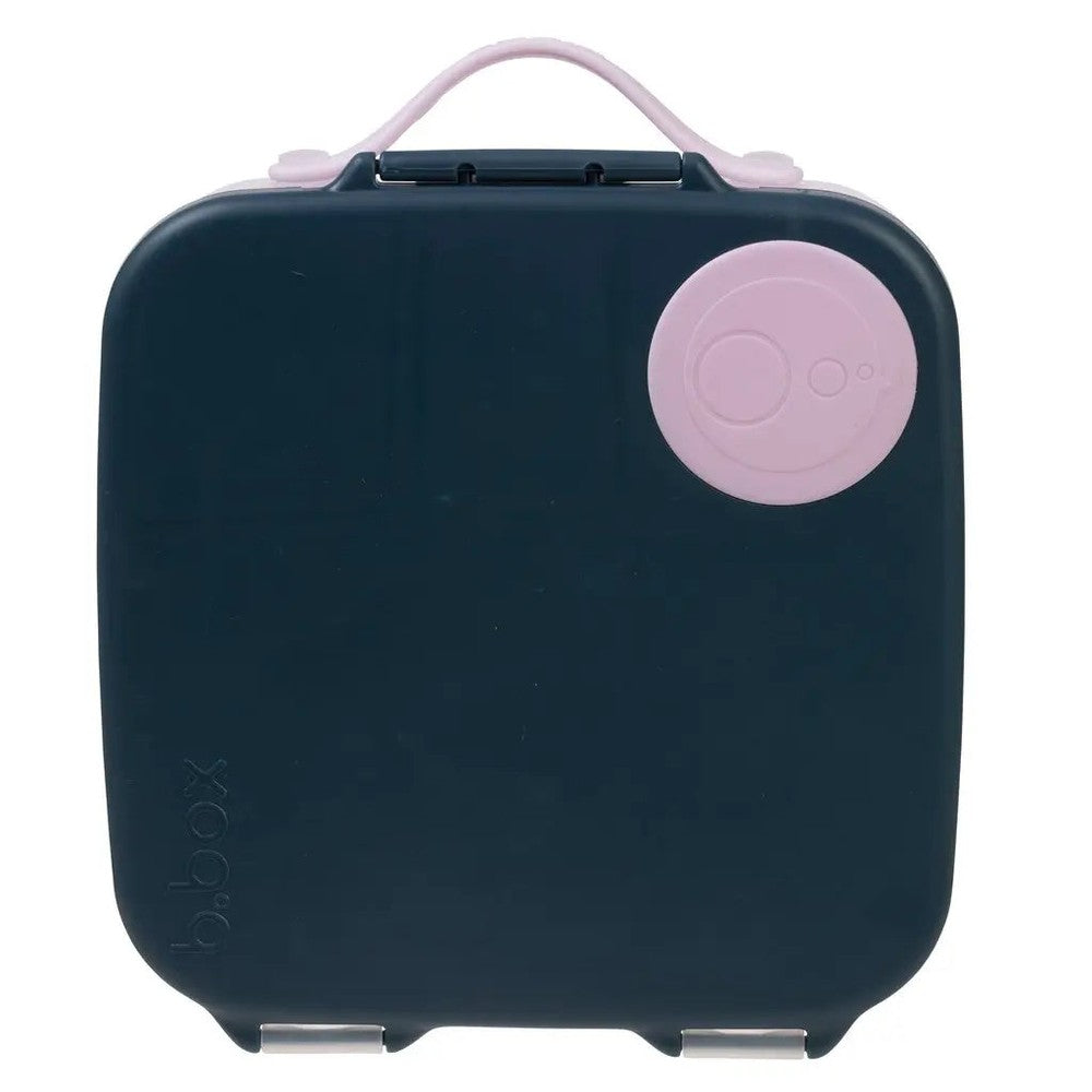 B.Box Lunchbox navy with pink dial lid and matching pink carry handle, shown closed and ready to grab