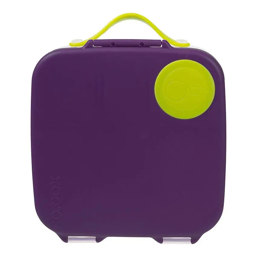 B.Box Lunchbox in purple with lime green round lid and yellow handle, compact square design.