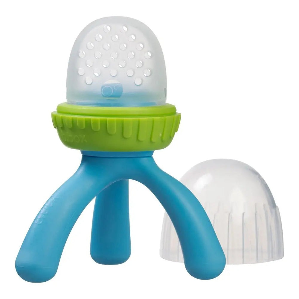 B.BOX New Silicone Fresh Food Feeder shows blue tripod legs and lime-green ring with clear cap beside.