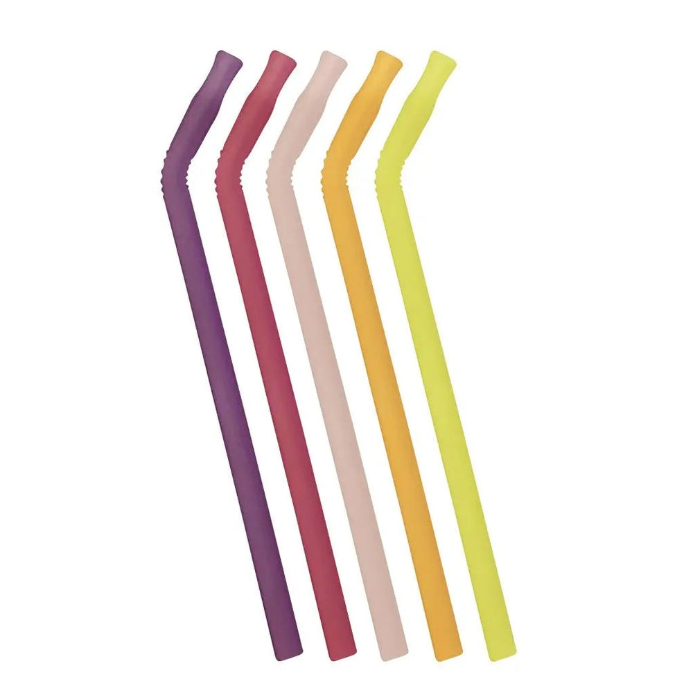 B.Box Reusable Silicone Straw 5Pk, five bendable colors (purple, red, blush, orange, lime) fanned for easy reuse.