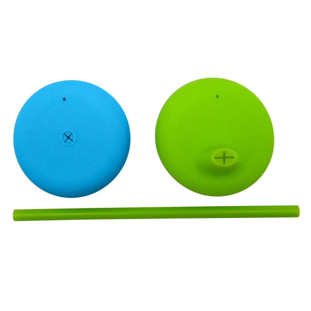 B.Box Silicone Lids Travel Pack: blue and green lids with straw, two pieces laid out for on-the-go meals