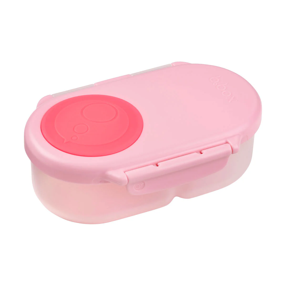 B.Box Snackbox pink lunch box with snap latch, showing easy-open lid for kids.