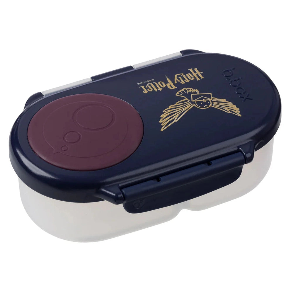 B.Box Snackbox lunch box in navy with maroon lid, showing secure latch and compact travel design.