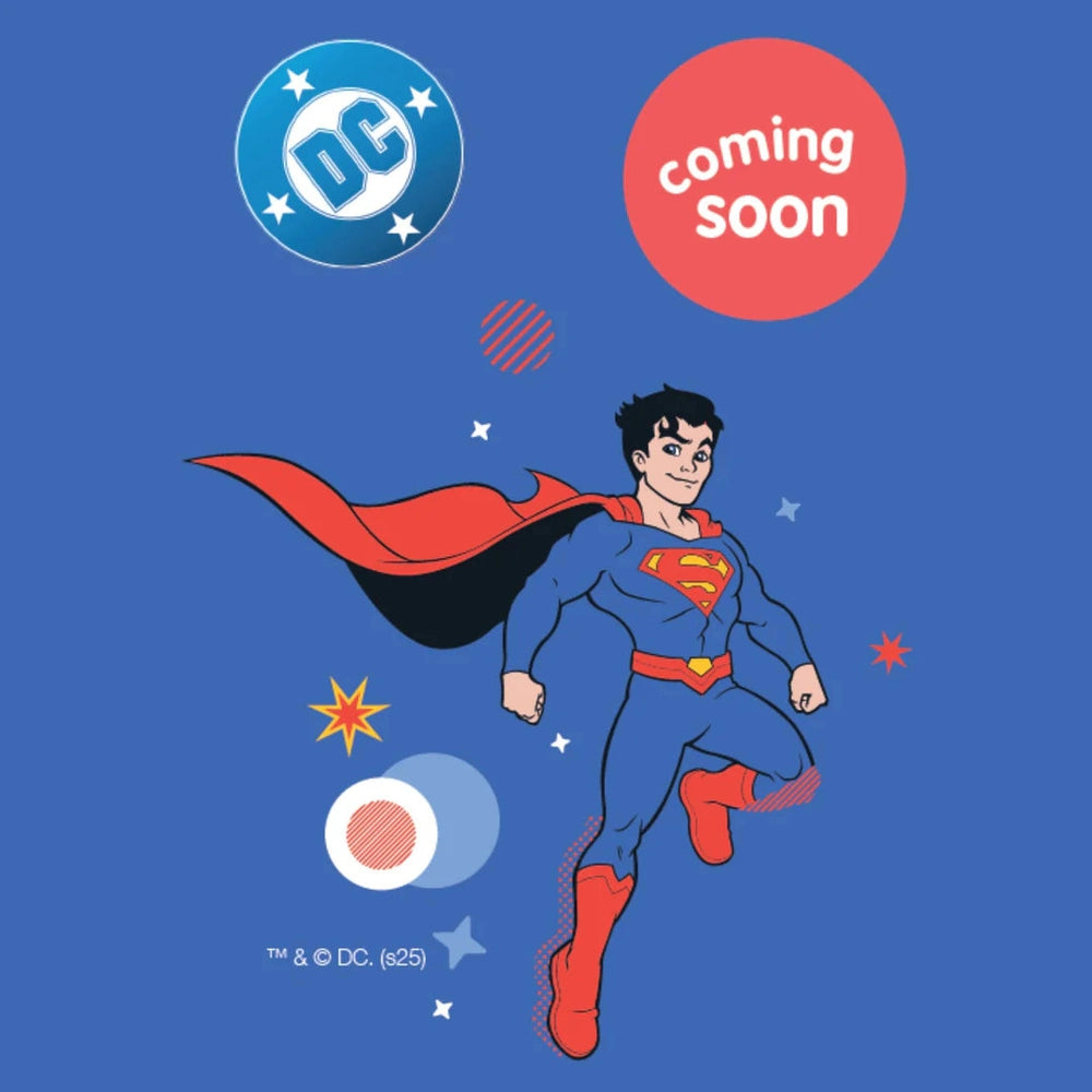 B.Box Snackbox illustration showing Superman flying on a blue background with DC logo and a coming soon circle.