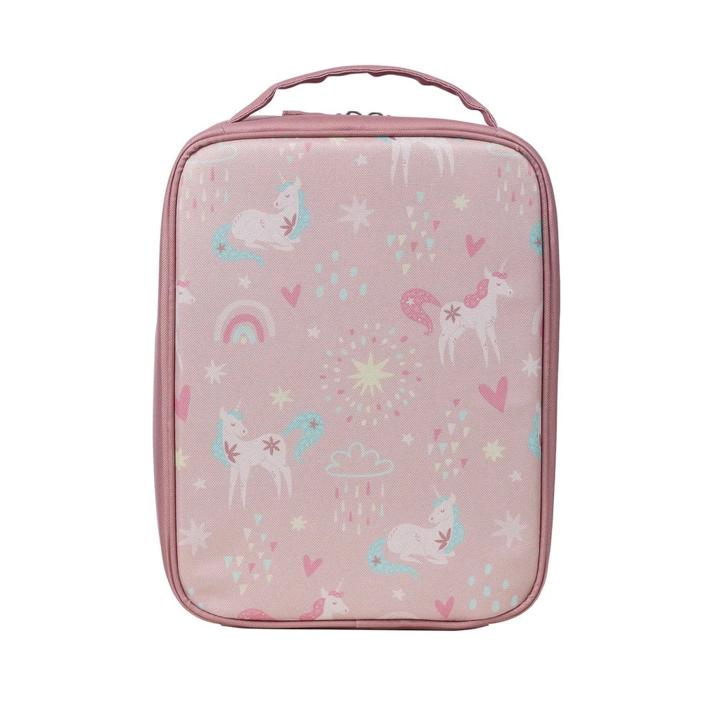 B.box Insulated Flexi Lunchbag in pink unicorn print with a top handle for easy carrying.