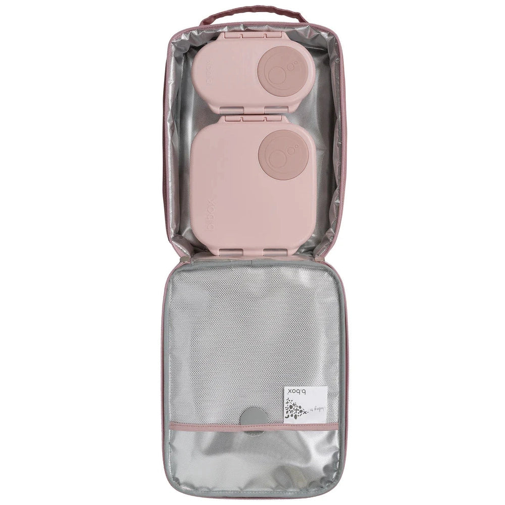 B.BOX Insulated Flexi Lunchbag in blush pink, opened to reveal two nested containers securing meals.