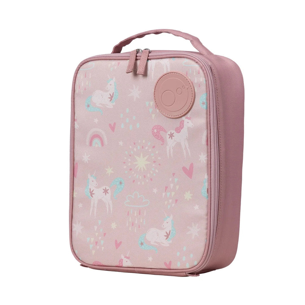 B.box Insulated Flexi Lunchbag in pink unicorn print, with top handle and zippered closure.
