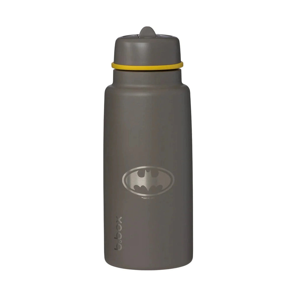 B.box Insulated Flip Top 1L water bottle in gray with Batman logo and yellow seal, cap closed.