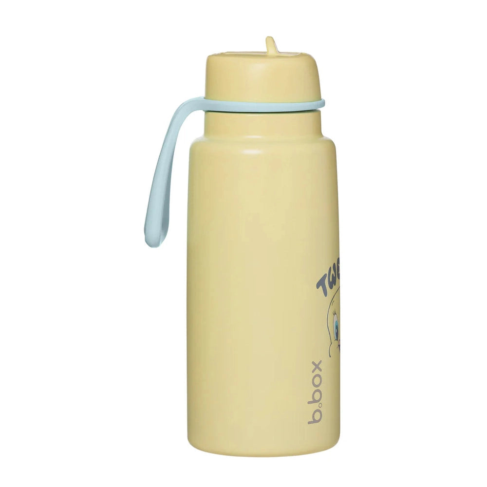 B.box Insulated Flip Top 1L yellow water bottle with light blue handle, lid closed.