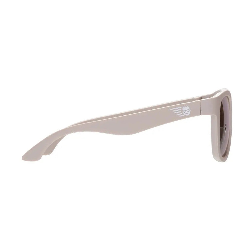 Babiators Blue Series Navigator Polarized Sunglasses Warm Grey; side view shows temple logo and curved frame.