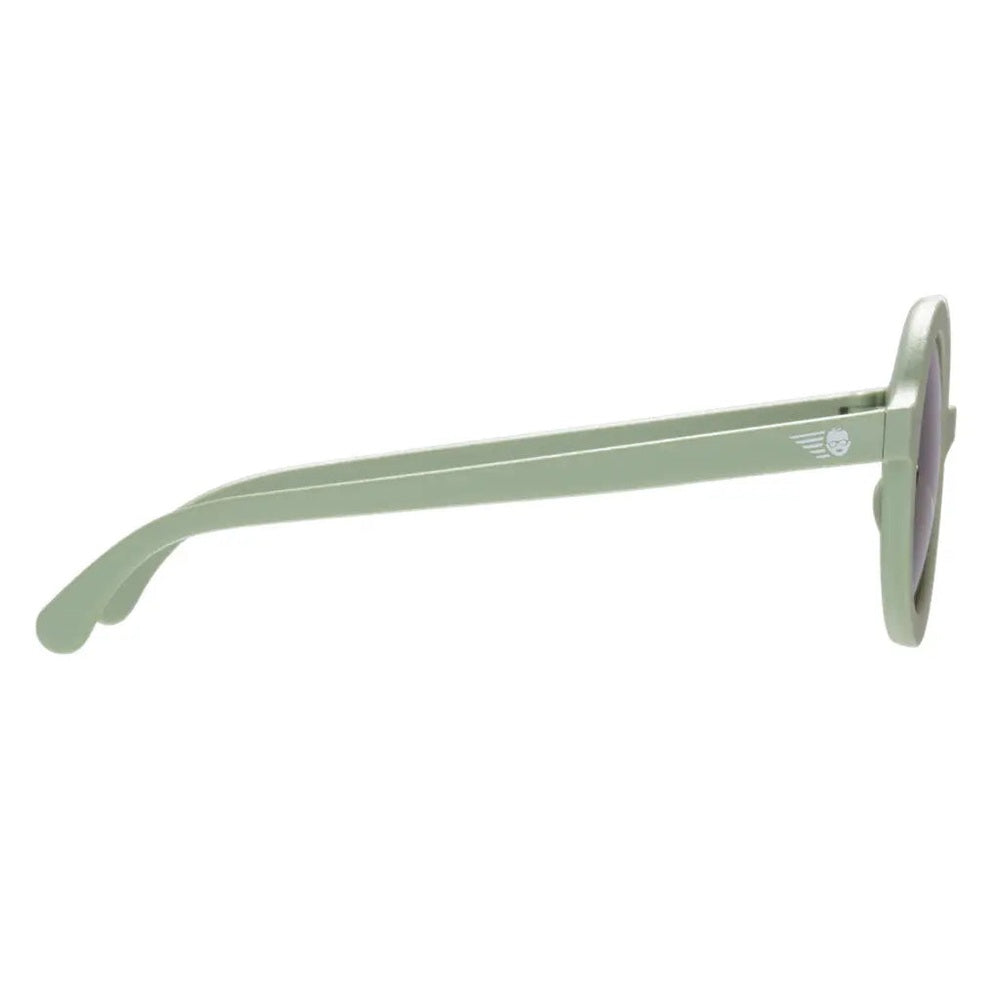 Babiators Euro Round All The Rage Sage sunglasses; side view shows the sage-green frame and logo on temple.