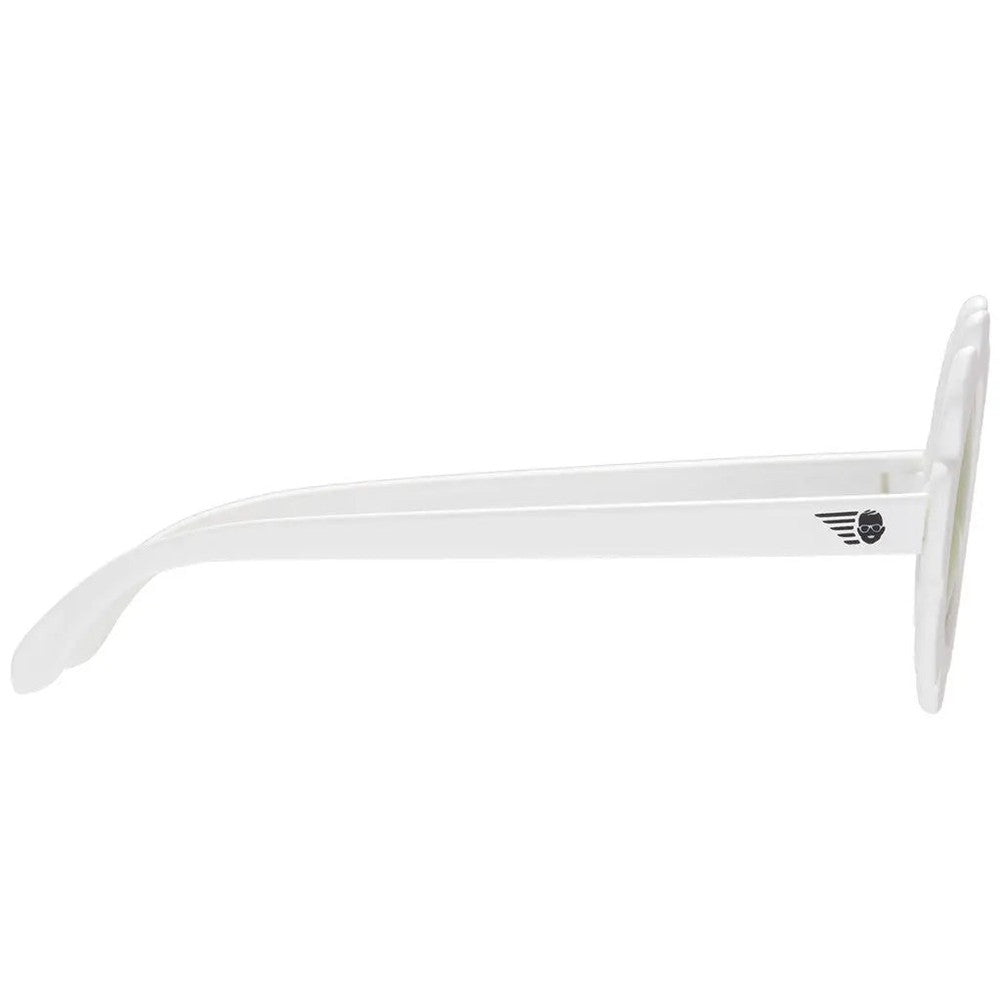 Babiators Flowers Shape Polarized Sunglasses The White Daisy, white frame with logo on temple, kids' daisy sunglasses.