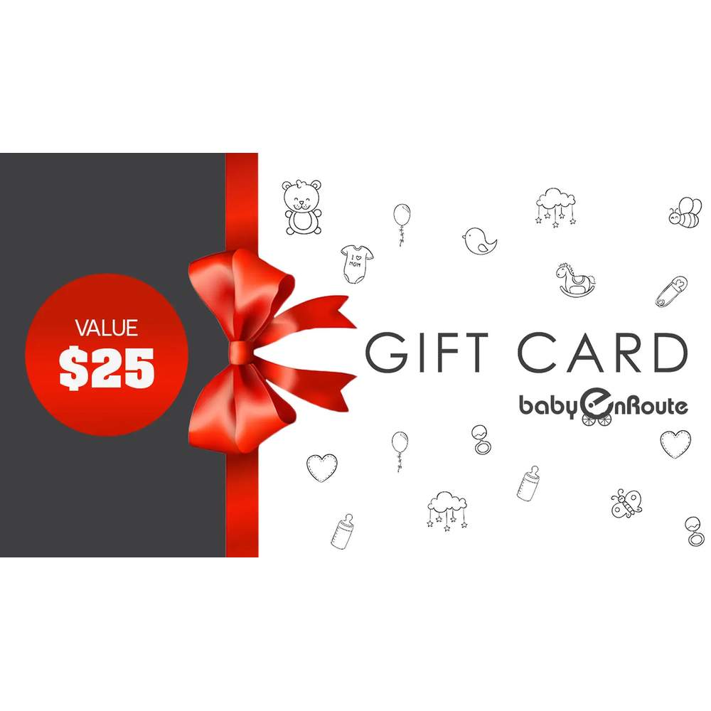 Baby Enroute Gift Card valued $25, tied with a red ribbon on a gray and white background.