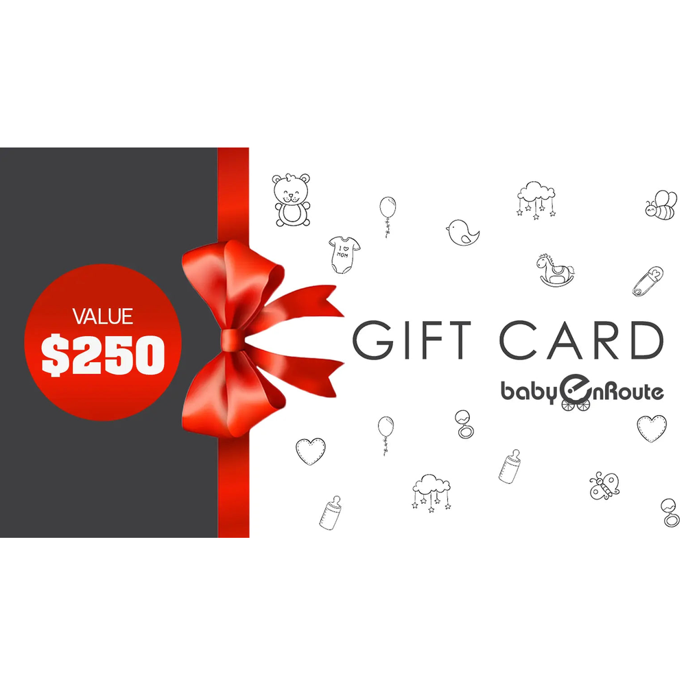 Gift Card Baby EnRoute, $250 value with red ribbon bow, BABY ENROUTE branding.