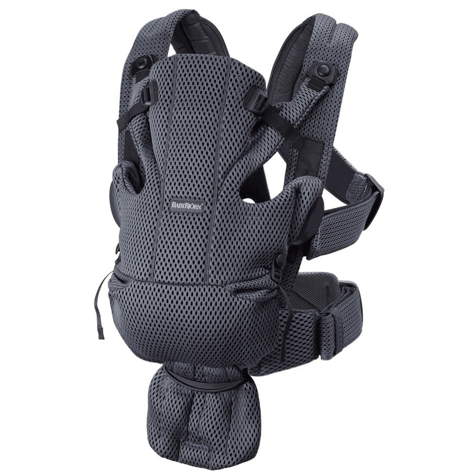 BabyBjörn Baby Carrier Free gray mesh, ergonomic front-carry carrier with padded shoulder straps and waist belt.